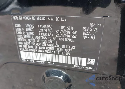 2021 Honda Hr-V Awd Sport из США, поврежденный, VIN 3CZRU6H19MM703654